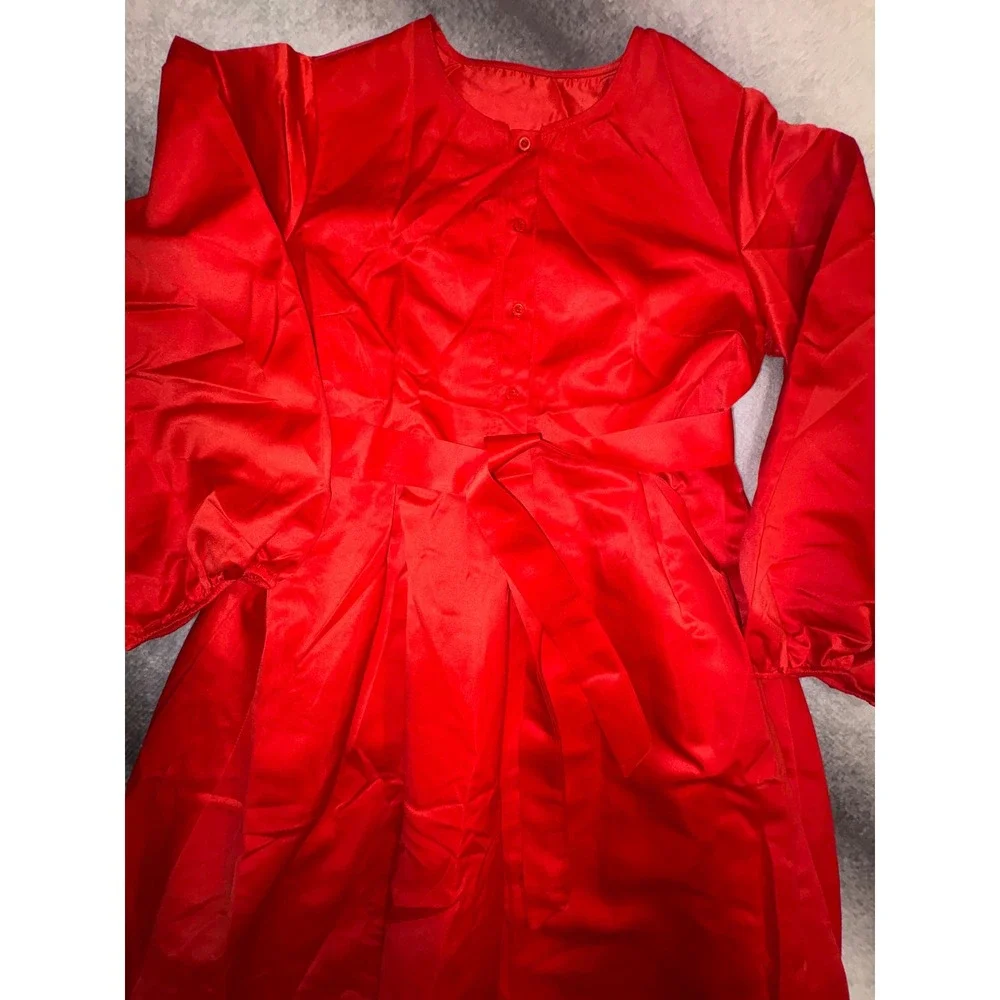 Red Satin Lantern Sleeve Midi Dress‎ XL Button Front Belted A-Line Formal Party
